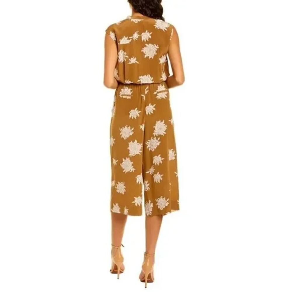 Vince Jumpsuit Women's Large Brown Floral V-Neck Croched Waist Satin Sleeveless